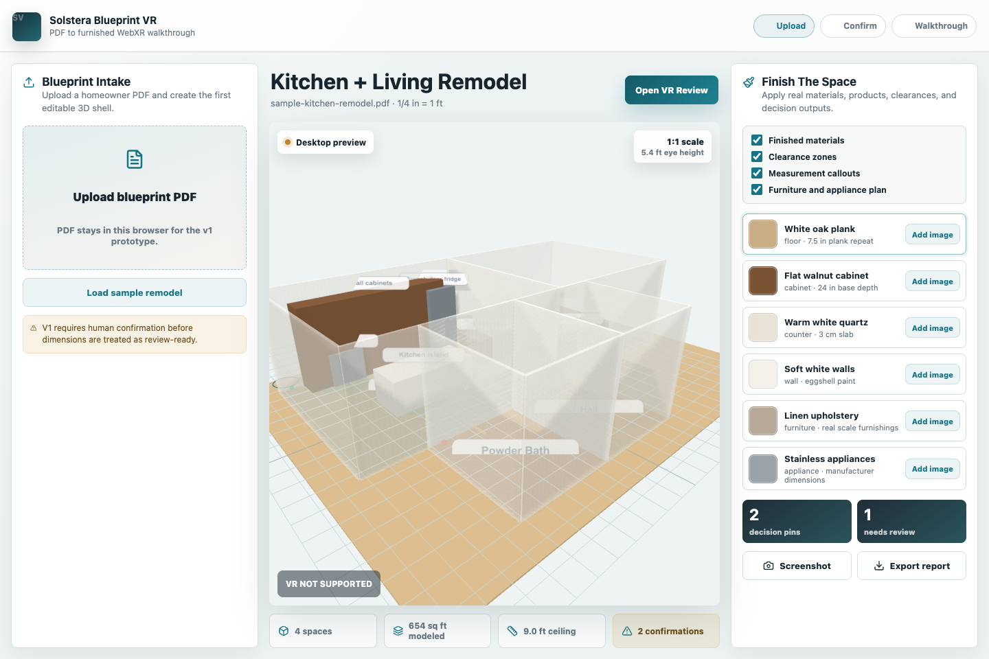 Blueprint VR app showing a kitchen and living remodel converted into a 3D walkthrough.