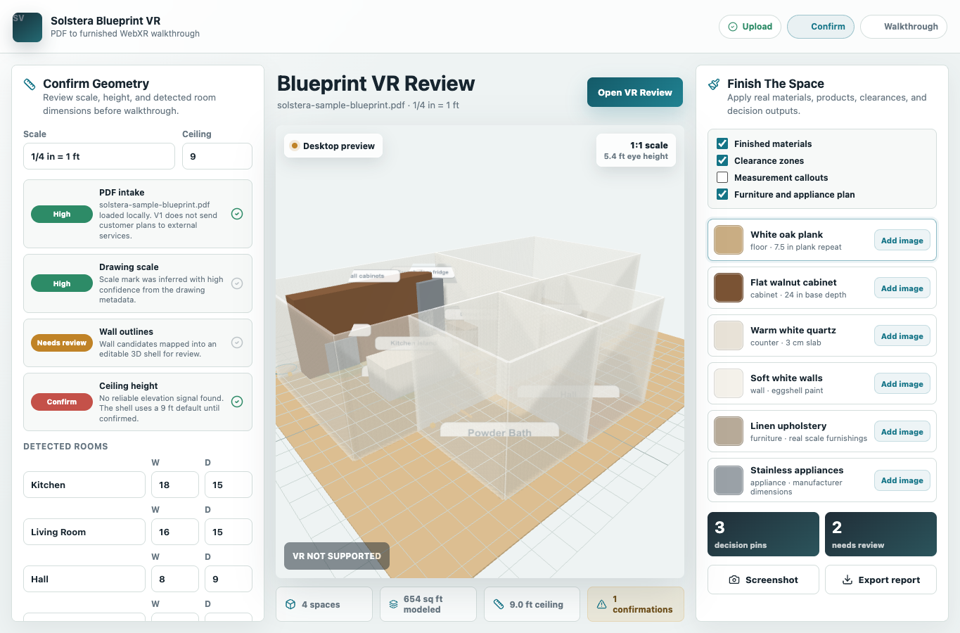 Blueprint VR interface showing confirmed geometry and a 3D walkthrough preview.